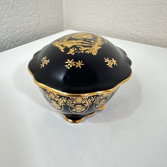 VTG Limoges Castel France Deep Cobalt Blue 22K Courting Scene Trinket Box EUC - Picture 4 of 16